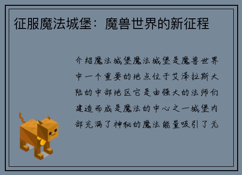 征服魔法城堡：魔兽世界的新征程